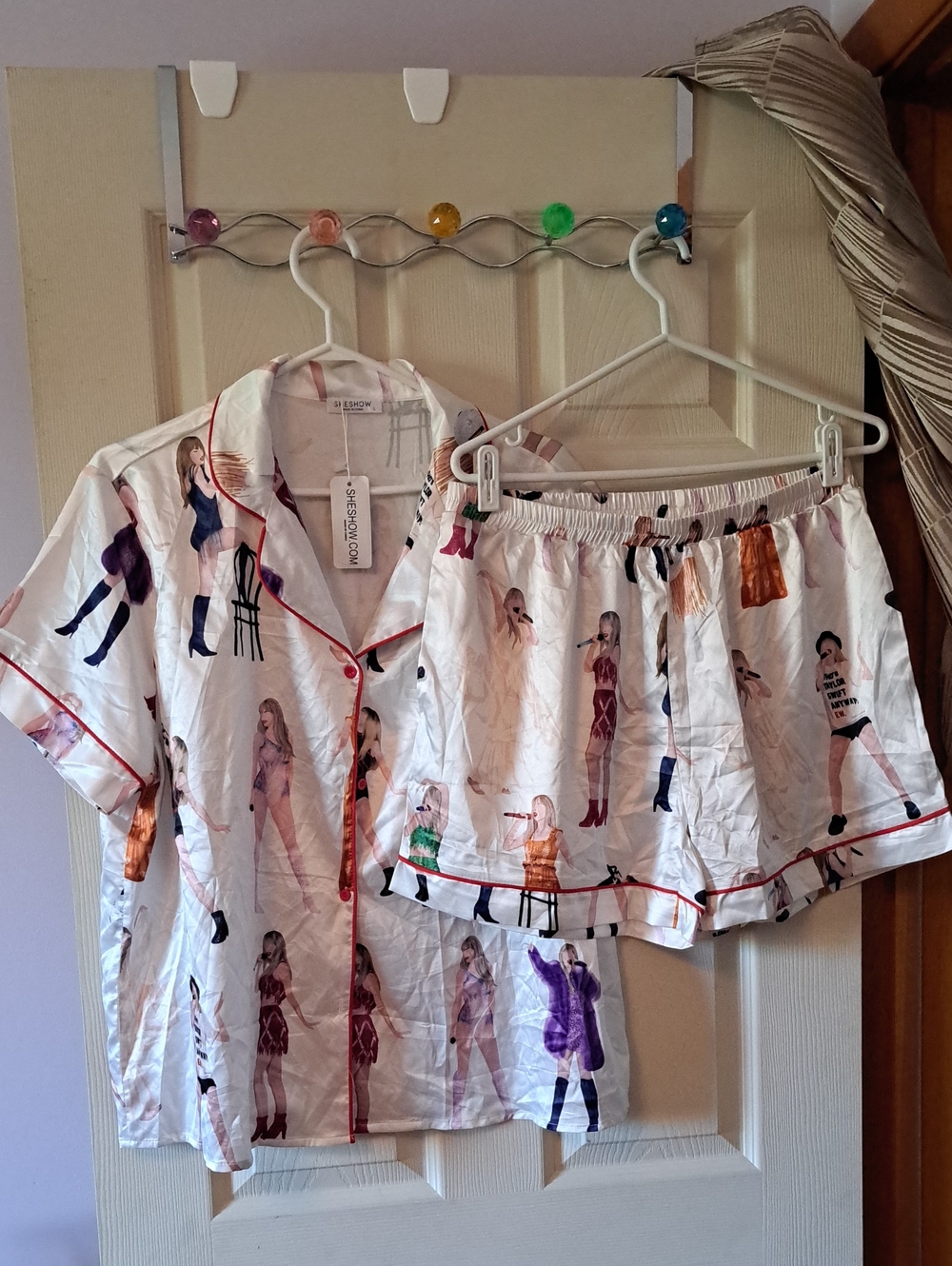 Designer Print Taylor Swift Satin Pajama Set - White with Multi-Figure Print NWT